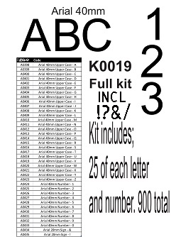 Arial Alphabet kit 40mm no stand k0019 25 of each letter and num